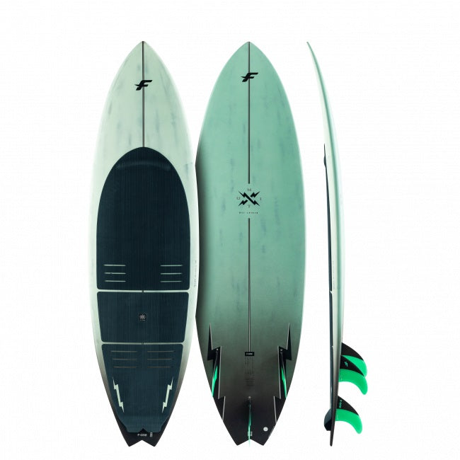 Produktbild des 2024 Mitu Pro Carbon Surfboards mit Farbverlauf Design von grau zu türkis
