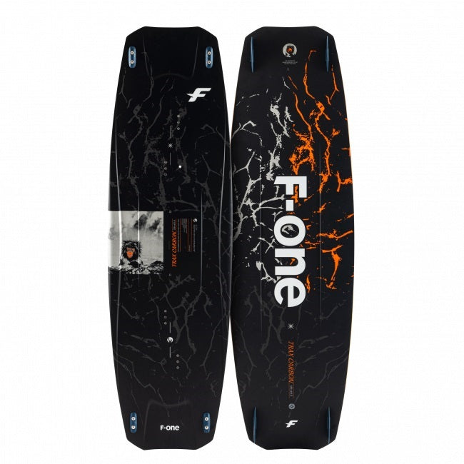 Produktbild F One Trax Carbon Kiteboard schwarz mit orangenen Akzenten und Affenmotiv